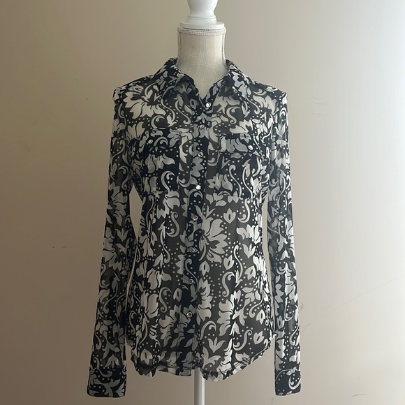 INC International Concept Sheen Black & White Button Down Long Sleeve Blouse - Picture 1 of 6
